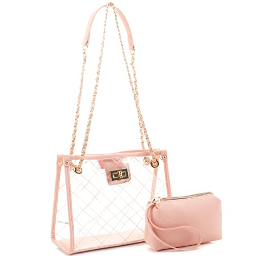 Stadium Concert Vegan Leather Transparent Clear Tote Bag Satchel Crossbody Purse Handbag (Chain 2 Way Square Tote - Pink)