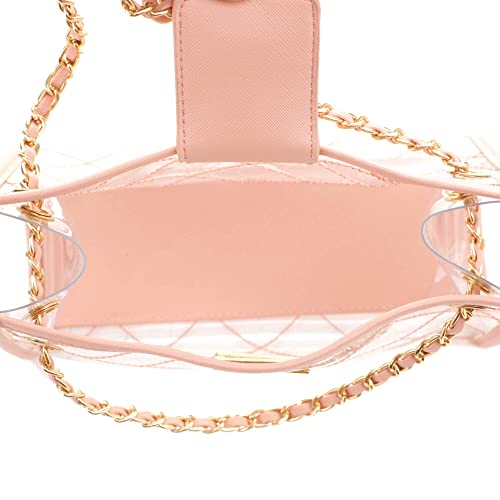 Stadium Concert Vegan Leather Transparent Clear Tote Bag Satchel Crossbody Purse Handbag (Chain 2 Way Square Tote - Pink)