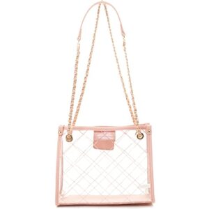 Stadium Concert Vegan Leather Transparent Clear Tote Bag Satchel Crossbody Purse Handbag (Chain 2 Way Square Tote - Pink)