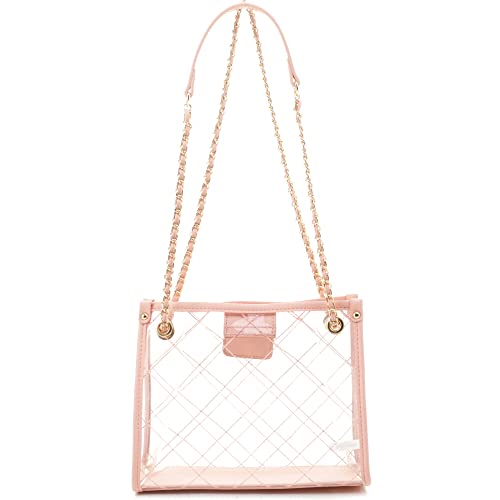 Stadium Concert Vegan Leather Transparent Clear Tote Bag Satchel Crossbody Purse Handbag (Chain 2 Way Square Tote - Pink)