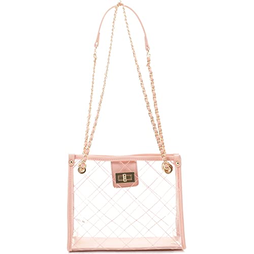 Stadium Concert Vegan Leather Transparent Clear Tote Bag Satchel Crossbody Purse Handbag (Chain 2 Way Square Tote - Pink)