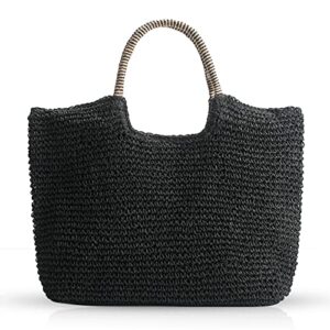 qtkjhand-woven soft large straw shoulder bag, beach tote black boho straw handle tote retro summer beach bag rattan handbag (black)