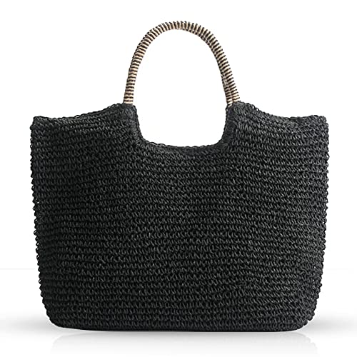 QTKJHand-woven Soft Large Straw Shoulder Bag, Beach Tote Black Boho Straw Handle Tote Retro Summer Beach Bag Rattan Handbag (Black)