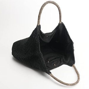 QTKJHand-woven Soft Large Straw Shoulder Bag, Beach Tote Black Boho Straw Handle Tote Retro Summer Beach Bag Rattan Handbag (Black)