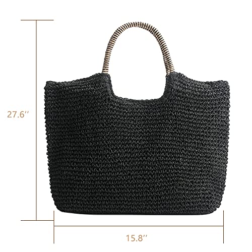 QTKJHand-woven Soft Large Straw Shoulder Bag, Beach Tote Black Boho Straw Handle Tote Retro Summer Beach Bag Rattan Handbag (Black)