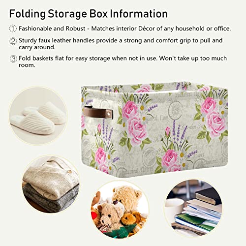 Large Foldable Storage Basket Vintage Purple Lavender Pink Roses Storage Bin Canvas Toys Box Fabric Decorative Collapsible Organizer Bag with Handles for Bedroom Home