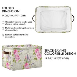 Large Foldable Storage Basket Vintage Purple Lavender Pink Roses Storage Bin Canvas Toys Box Fabric Decorative Collapsible Organizer Bag with Handles for Bedroom Home