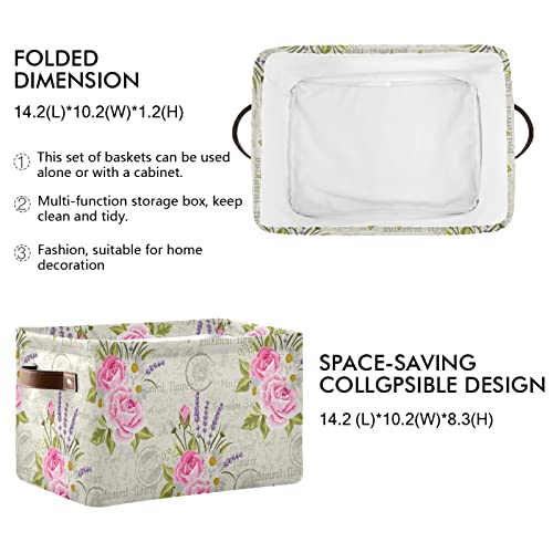 Large Foldable Storage Basket Vintage Purple Lavender Pink Roses Storage Bin Canvas Toys Box Fabric Decorative Collapsible Organizer Bag with Handles for Bedroom Home