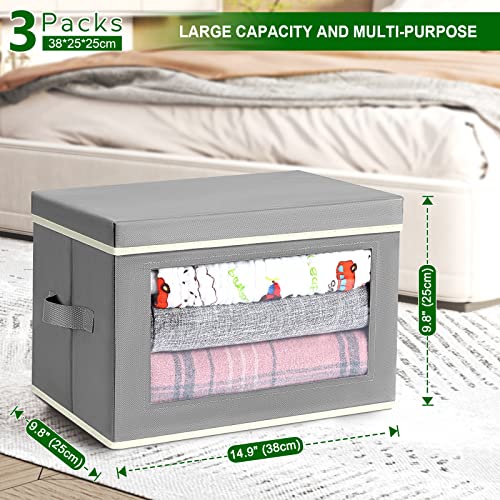 homsorout Storage Bins with Lids, Fabric Storage Baskets with Window, Foldable Cube Storage Boxes with Handles, Closet Organizers and Storage Bins for Clothes, Toys, Books, 3 Packs, Grey