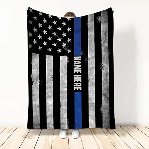 Custom Police Thin Blue Line American Flag Back The Blue Personalized Name Soft Sherpa Throw Blankets | Cozy Fuzzy Fleece Throws for Tv Sofa, Couch | Comfy Fluffy Blanket Gifts for Men Women 50 X 60