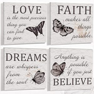 4 pcs inspirational quotes butterfly wall art faith love dreams believe canvas wall decor grey butterfly canvas bathroom decor motivational wall pictures for living room decor bedroom, 12 x 12 inches