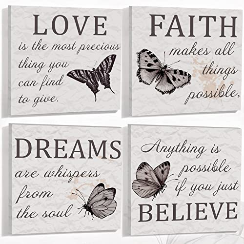 4 Pcs Inspirational Quotes Butterfly Wall Art Faith Love Dreams Believe Canvas Wall Decor Grey Butterfly Canvas Bathroom Decor Motivational Wall Pictures for Living Room Decor Bedroom, 12 x 12 Inches