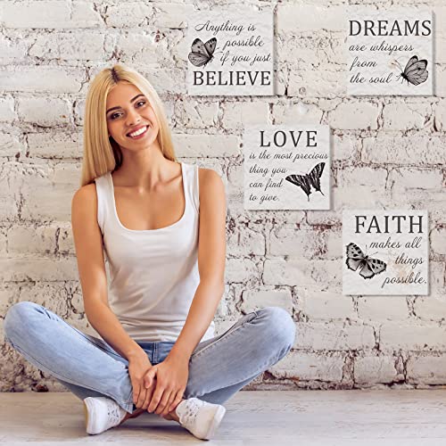 4 Pcs Inspirational Quotes Butterfly Wall Art Faith Love Dreams Believe Canvas Wall Decor Grey Butterfly Canvas Bathroom Decor Motivational Wall Pictures for Living Room Decor Bedroom, 12 x 12 Inches