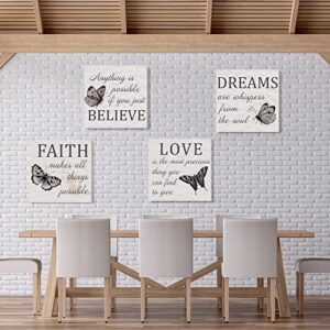 4 Pcs Inspirational Quotes Butterfly Wall Art Faith Love Dreams Believe Canvas Wall Decor Grey Butterfly Canvas Bathroom Decor Motivational Wall Pictures for Living Room Decor Bedroom, 12 x 12 Inches