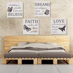 4 Pcs Inspirational Quotes Butterfly Wall Art Faith Love Dreams Believe Canvas Wall Decor Grey Butterfly Canvas Bathroom Decor Motivational Wall Pictures for Living Room Decor Bedroom, 12 x 12 Inches