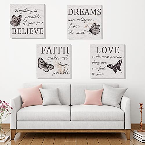 4 Pcs Inspirational Quotes Butterfly Wall Art Faith Love Dreams Believe Canvas Wall Decor Grey Butterfly Canvas Bathroom Decor Motivational Wall Pictures for Living Room Decor Bedroom, 12 x 12 Inches