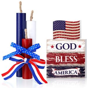 5 Pieces July 4th Patriotic Tiered Tray Decor Independence Day Wood Signs Tiered Tray Decor 4th of July Patriotic Mini Wood Book Stack Farmhouse Rustic God Bless America Decorations