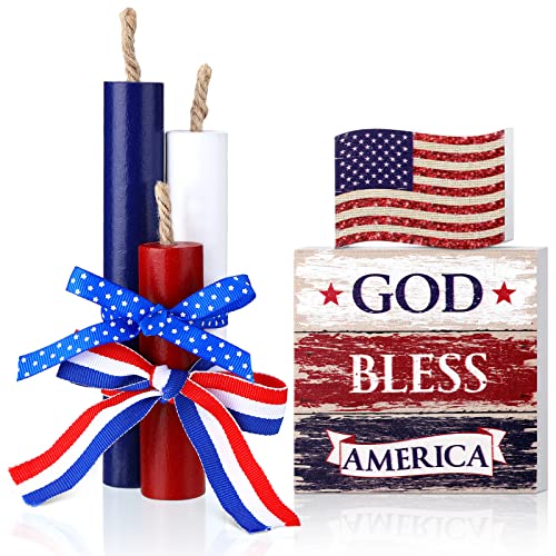 5 Pieces July 4th Patriotic Tiered Tray Decor Independence Day Wood Signs Tiered Tray Decor 4th of July Patriotic Mini Wood Book Stack Farmhouse Rustic God Bless America Decorations