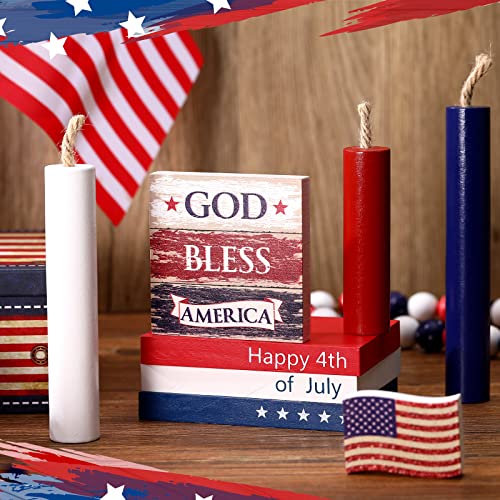 5 Pieces July 4th Patriotic Tiered Tray Decor Independence Day Wood Signs Tiered Tray Decor 4th of July Patriotic Mini Wood Book Stack Farmhouse Rustic God Bless America Decorations