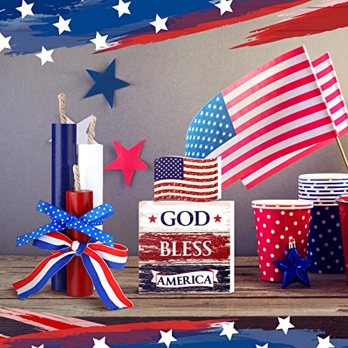 5 Pieces July 4th Patriotic Tiered Tray Decor Independence Day Wood Signs Tiered Tray Decor 4th of July Patriotic Mini Wood Book Stack Farmhouse Rustic God Bless America Decorations