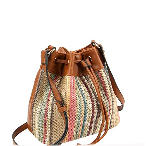 Boho Vegan Leather Multicolor Faux Straw Bucket Shoulder Bag Hobo Tote Crossbody Purse (Multicolored Straw Bucket - Multi3)