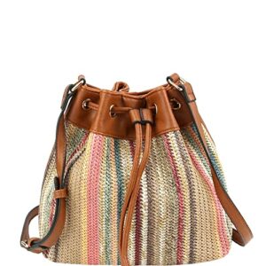 Boho Vegan Leather Multicolor Faux Straw Bucket Shoulder Bag Hobo Tote Crossbody Purse (Multicolored Straw Bucket - Multi3)