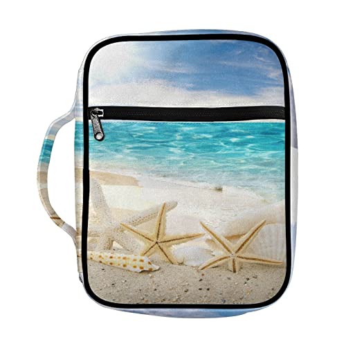 CLOHOMIN Beach Starfish Shell Bible Case with Handles & Zippered Coastal Sea Ocean Tropical Sandy Seaside Bible Covers for Women Men Washable Church Tote Bags Waterproof Polyester