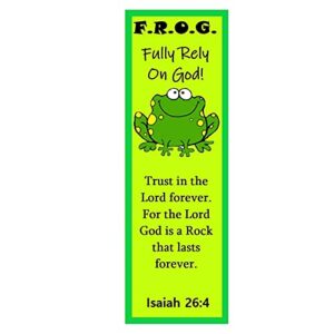 fun bright green fully rely on god frog f.r.o.g. bible verse christian bookmarks for kids inspirational gifts perfect for reading rewards church supplies giveaways for sunday school bulk 100 count
