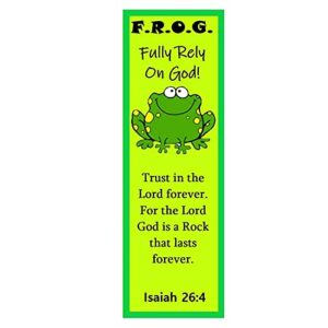 Fun Bright Green Fully Rely On God Frog F.R.O.G. Bible Verse Christian Bookmarks for Kids Inspirational Gifts Perfect for Reading Rewards Church Supplies Giveaways for Sunday School Bulk 100 Count