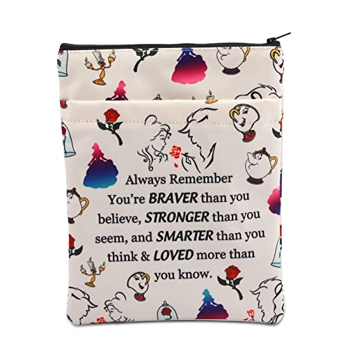 Beauty Cartoon Inspired Book Sleeve Beauty Story Book Cover Fairytale Gift Rose Princess Beast Gift Always Remember You’re Braver Stronger Smarter Zipper Pouch for Movie Fans (BeautyRoseAlways)