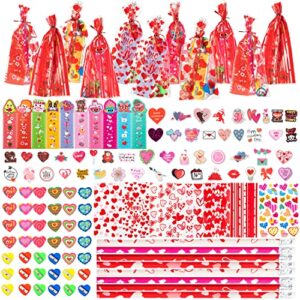 196pcs valentine’s day stationery set classroom exchange gift for kids, valentine party favor with bookmark ruler pencil sharpener transparent candy bags heart foam sticker, gifts for student teacher