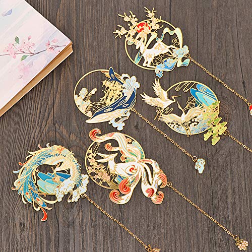 SDUSEIO 2 Pieces Chinese Style Bookmark Creative Metal Hollow Brass Bookmark Vintage Exquisite Gift Bookmark with Metal Pendant for Birthday Present