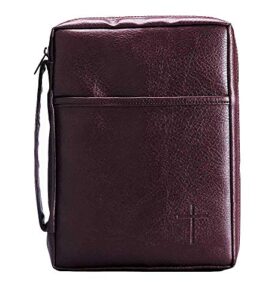 burgundy embossed cross with front pocket leather look bible cover with handle, small