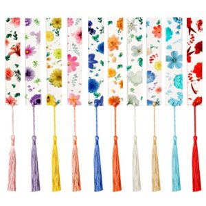 proturbo 20 sets acrylic dried flower bookmarks with colorful tassels 1×5.5inch transparent resin floral bookmarks clear acrylic pressed flower bookmarks for women teacher kids, 10 styles