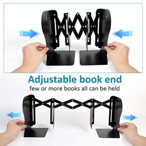 SubClap Adjustable Metal Bookends with Pen Stand Holder, Expandable Book Racks to Hold Heavy Book, Magazines, Telescopic Design Desktop & Bookshelf Organizer Book End for Home Office School, Black