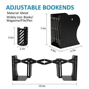 SubClap Adjustable Metal Bookends with Pen Stand Holder, Expandable Book Racks to Hold Heavy Book, Magazines, Telescopic Design Desktop & Bookshelf Organizer Book End for Home Office School, Black