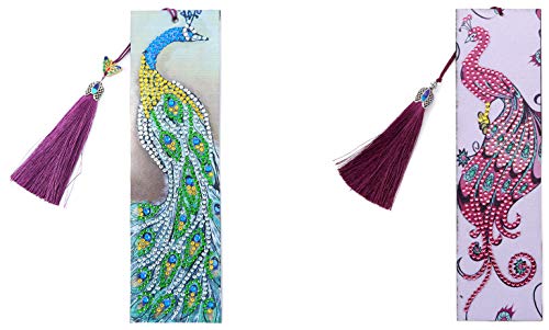 Peacock Diamond Painting Bookmark - pigpigboss DIY Bookmark Diamond Painting Set Flower Peacock Diamond Painting Bookmark with Tassel Crystal Diamond Dots Bookmark Art for Adult Children (21 x 6 cm)