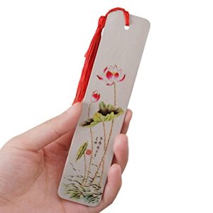 mouttom wooden bookmark handmade book mark unique personalized flower tassle readers lovers club gifts (lotus)