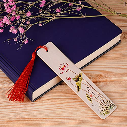 MOUTTOM Wooden Bookmark Handmade Book Mark Unique Personalized Flower Tassle Readers Lovers Club Gifts (Lotus)