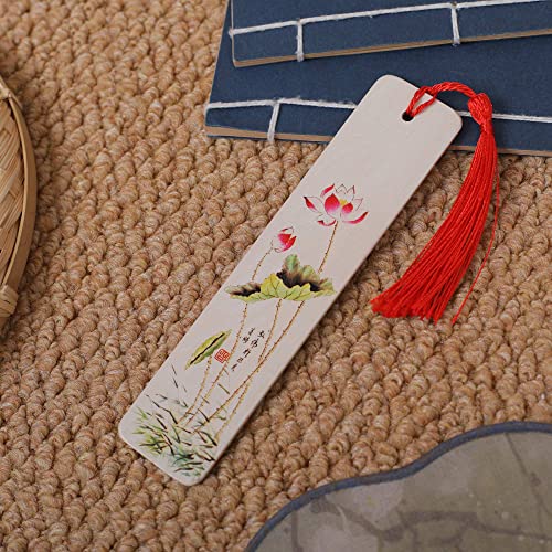 MOUTTOM Wooden Bookmark Handmade Book Mark Unique Personalized Flower Tassle Readers Lovers Club Gifts (Lotus)