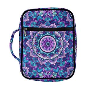 gomyblomy purple mandala bohemian ethnic flower print bible case for women, girls, large size carrying bible case, church study scripture pouch bible book cover with handle and zipper pocket