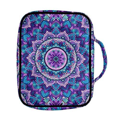 Gomyblomy Purple Mandala Bohemian Ethnic Flower Print Bible Case for Women, Girls, Large Size Carrying Bible Case, Church Study Scripture Pouch Bible Book Cover with Handle and Zipper Pocket