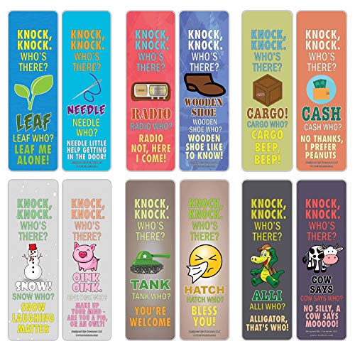 Creanoso Funny Knock-Knock Jokes Puns Bookmarks (30-Pack) – Unique Stocking Stuffers Gifts for Boys & Girls, Unisex Adults – Cool Book Page Clippers Collection Set for Knock-Knock – Awesome Giveaways