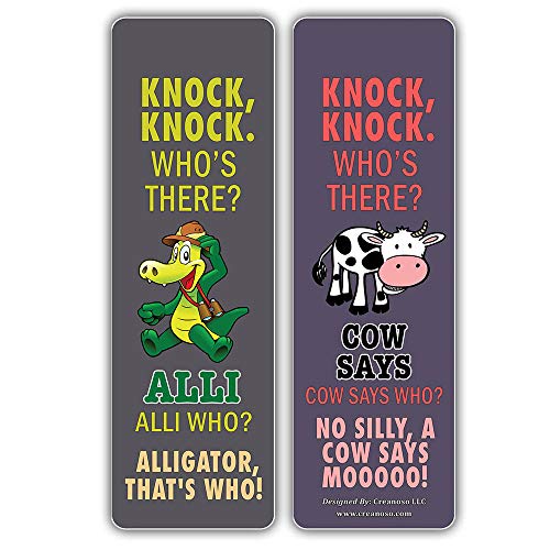 Creanoso Funny Knock-Knock Jokes Puns Bookmarks (30-Pack) – Unique Stocking Stuffers Gifts for Boys & Girls, Unisex Adults – Cool Book Page Clippers Collection Set for Knock-Knock – Awesome Giveaways