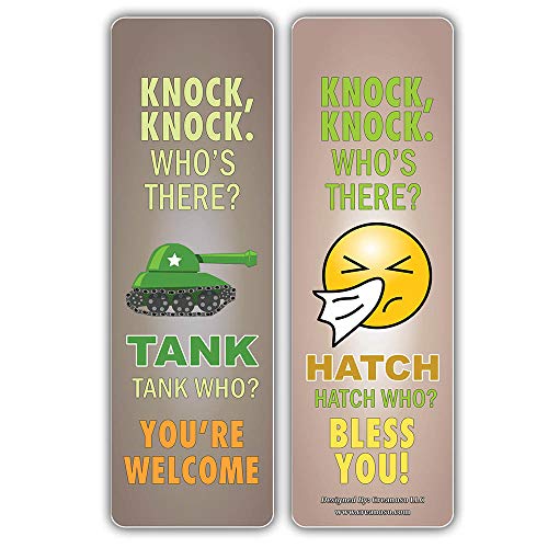 Creanoso Funny Knock-Knock Jokes Puns Bookmarks (30-Pack) – Unique Stocking Stuffers Gifts for Boys & Girls, Unisex Adults – Cool Book Page Clippers Collection Set for Knock-Knock – Awesome Giveaways