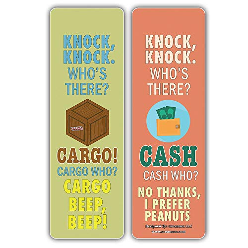 Creanoso Funny Knock-Knock Jokes Puns Bookmarks (30-Pack) – Unique Stocking Stuffers Gifts for Boys & Girls, Unisex Adults – Cool Book Page Clippers Collection Set for Knock-Knock – Awesome Giveaways