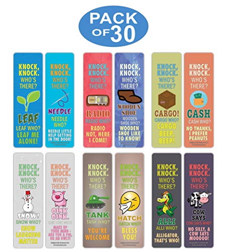 Creanoso Funny Knock-Knock Jokes Puns Bookmarks (30-Pack) – Unique Stocking Stuffers Gifts for Boys & Girls, Unisex Adults – Cool Book Page Clippers Collection Set for Knock-Knock – Awesome Giveaways