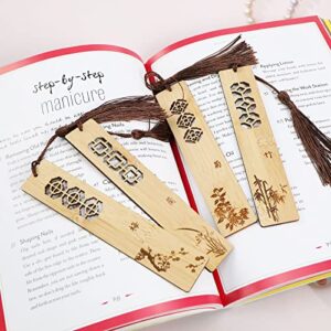 4PCS Chinese Style Retro Rectangular Bookmarks with Tassels Plum Blossom Orchid Bamboo Chrysanthemum Wooden Bookmakers Vintage Reading Page Markers for Readers