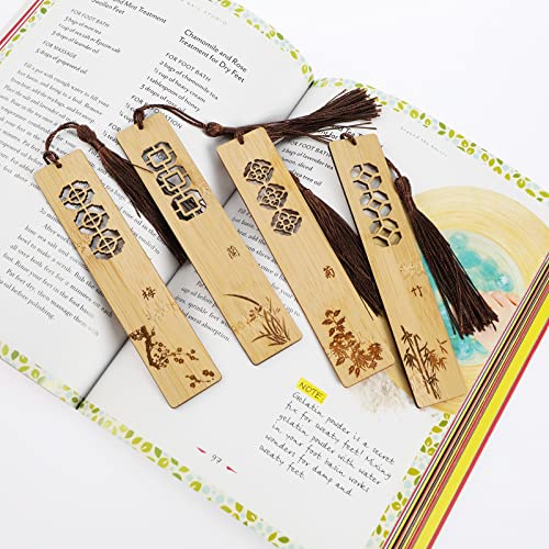 4PCS Chinese Style Retro Rectangular Bookmarks with Tassels Plum Blossom Orchid Bamboo Chrysanthemum Wooden Bookmakers Vintage Reading Page Markers for Readers