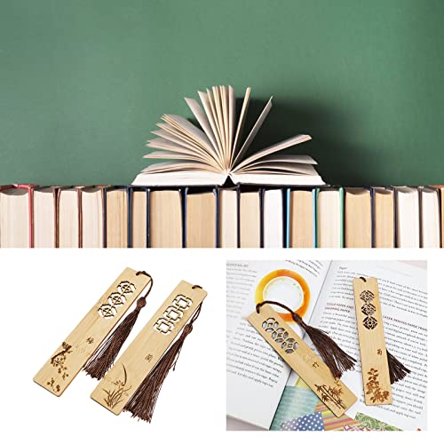 4PCS Chinese Style Retro Rectangular Bookmarks with Tassels Plum Blossom Orchid Bamboo Chrysanthemum Wooden Bookmakers Vintage Reading Page Markers for Readers